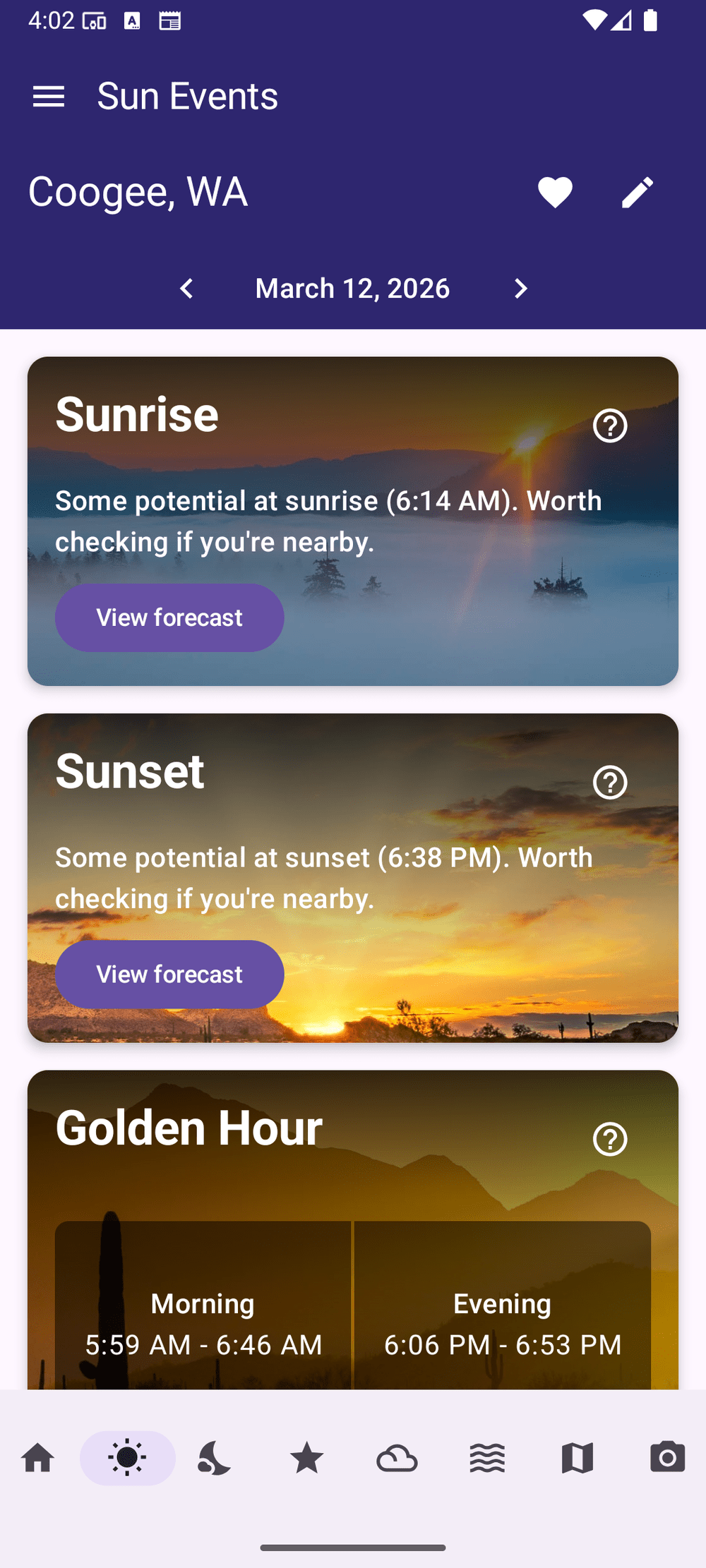 Sun event times and conditions